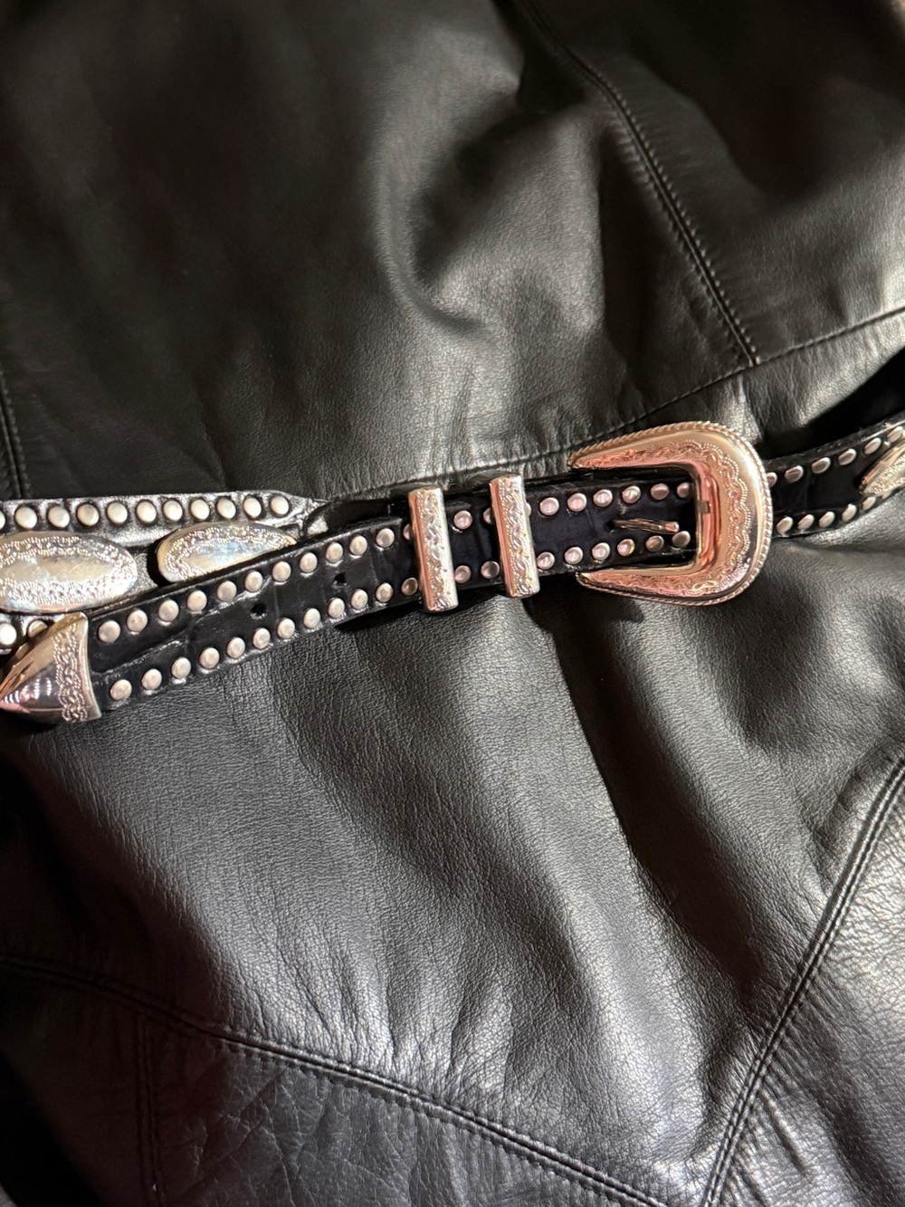 Western Studded Leather Belt with Silver Buckle - Black
